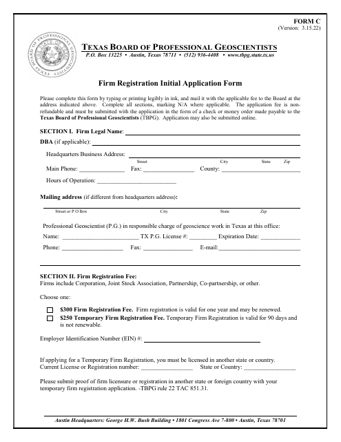 Form C Firm Registration Initial Application Form - Texas