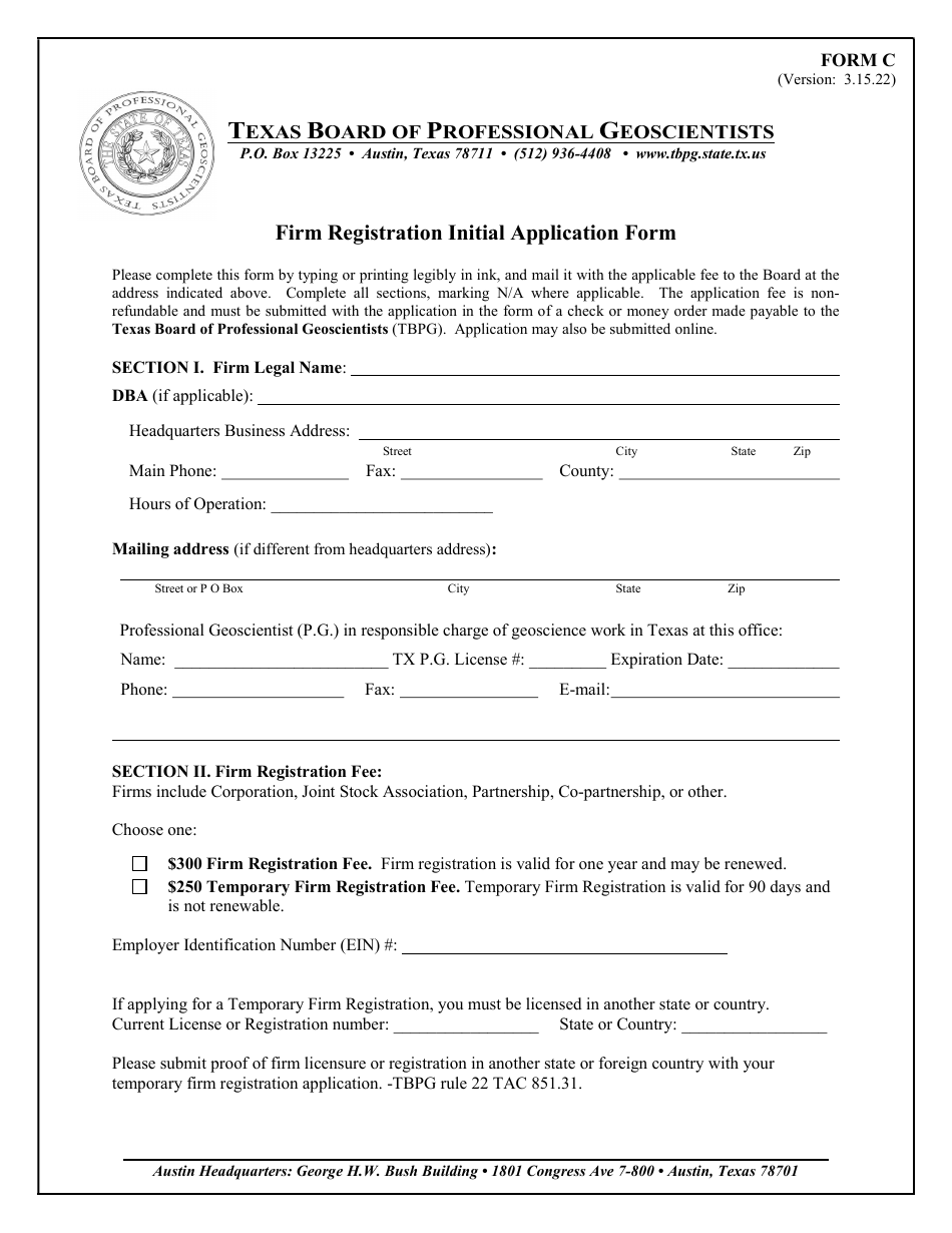 Form C Firm Registration Initial Application Form - Texas, Page 1