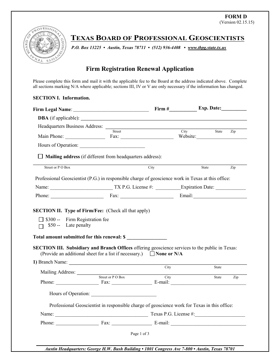 Form D Firm Registration Renewal Application - Texas, Page 1