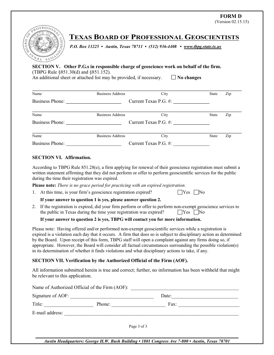 Form D Firm Registration Renewal Application - Texas, Page 3