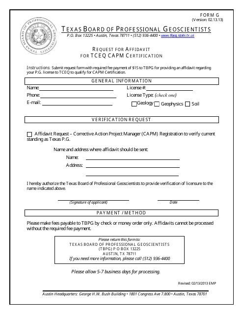 Form G Request for Affidavit for Tceq Capm Certification - Texas