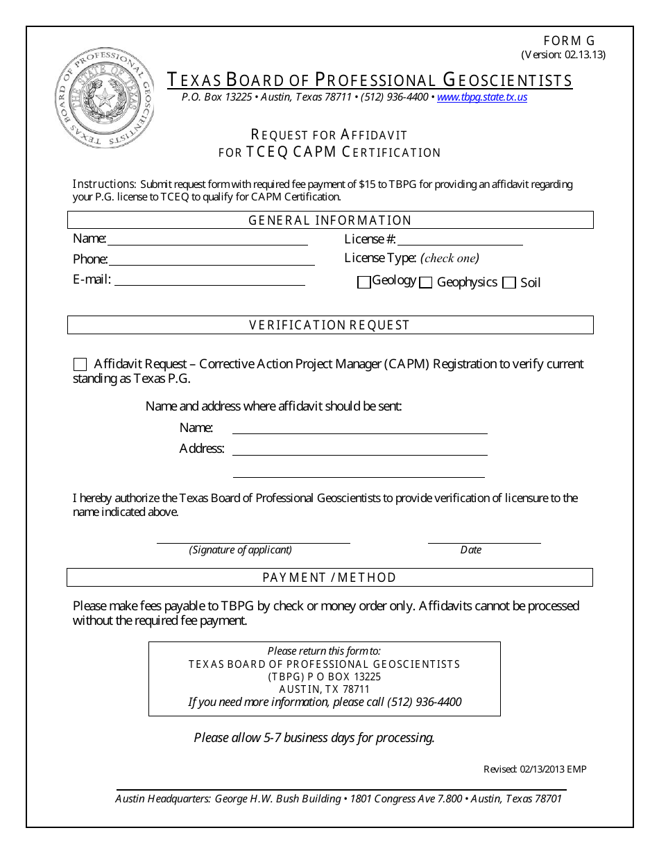 Form G Request for Affidavit for Tceq Capm Certification - Texas, Page 1
