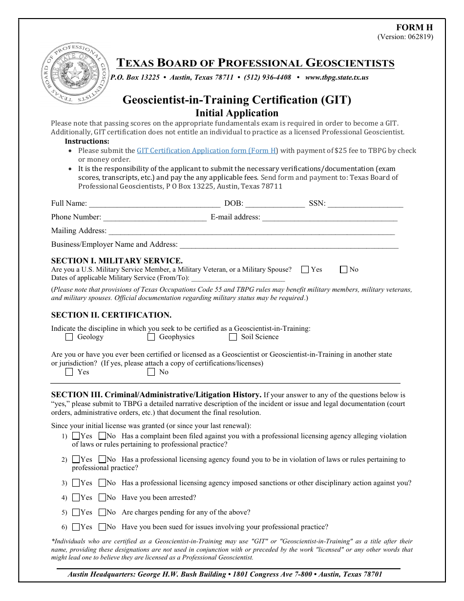 Form H Geoscientist-In-training Certification (Git) Initial Application - Texas, Page 1