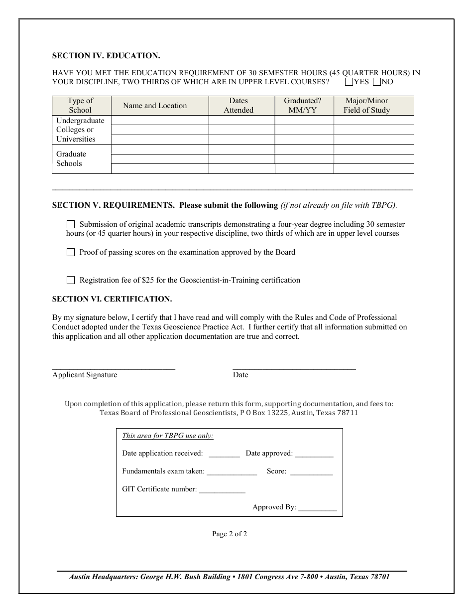 Form H Geoscientist-In-training Certification (Git) Initial Application - Texas, Page 2
