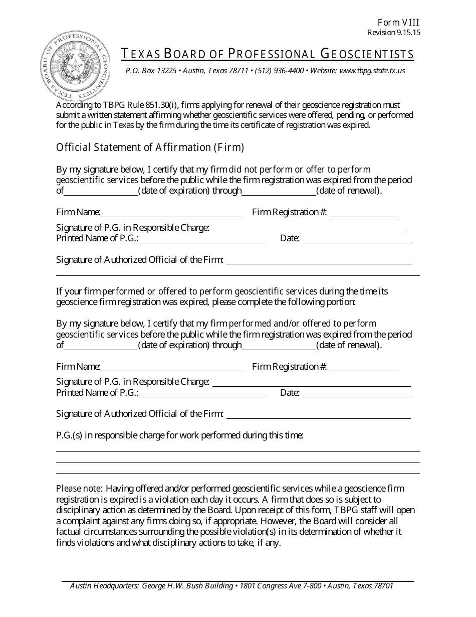 Form VIII - Fill Out, Sign Online and Download Fillable PDF, Texas ...