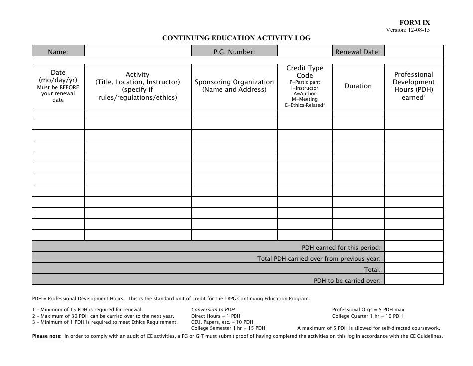 Form IX Continuing Education Activity Log - Texas, Page 1