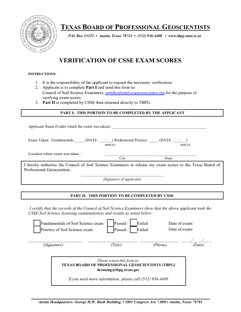 Form V Verification of Csse Exam Scores - Texas