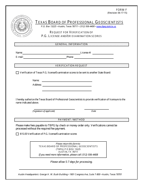 Form F Request for Verification of P.g. License and/or Examination Scores - Texas
