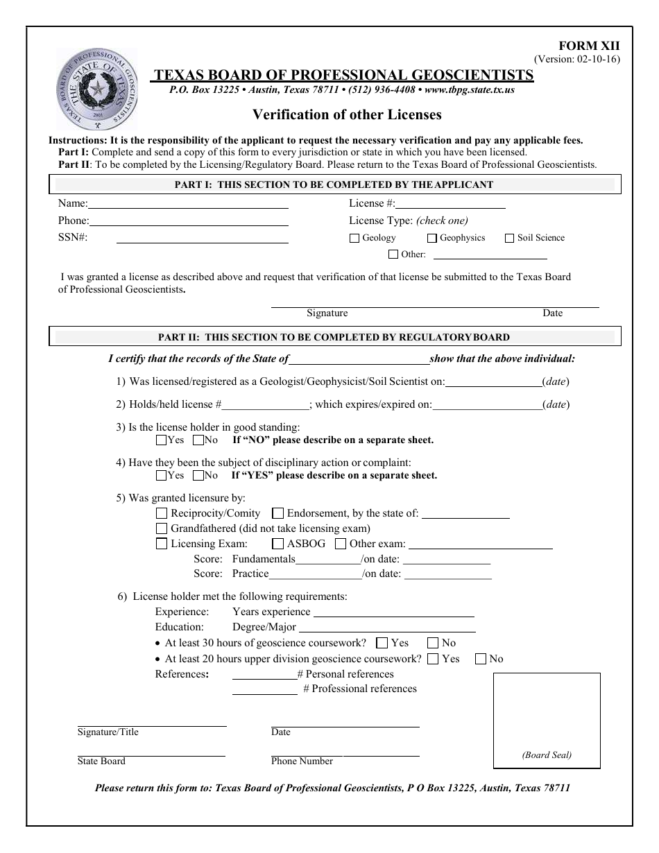 Form XII Verification of Other Licenses - Texas, Page 1