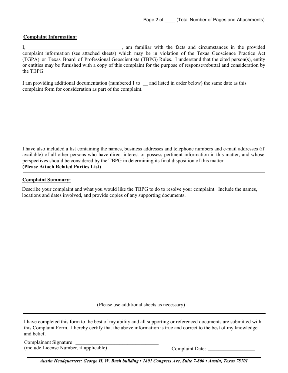 Texas Complaint Form - Fill Out, Sign Online and Download PDF ...