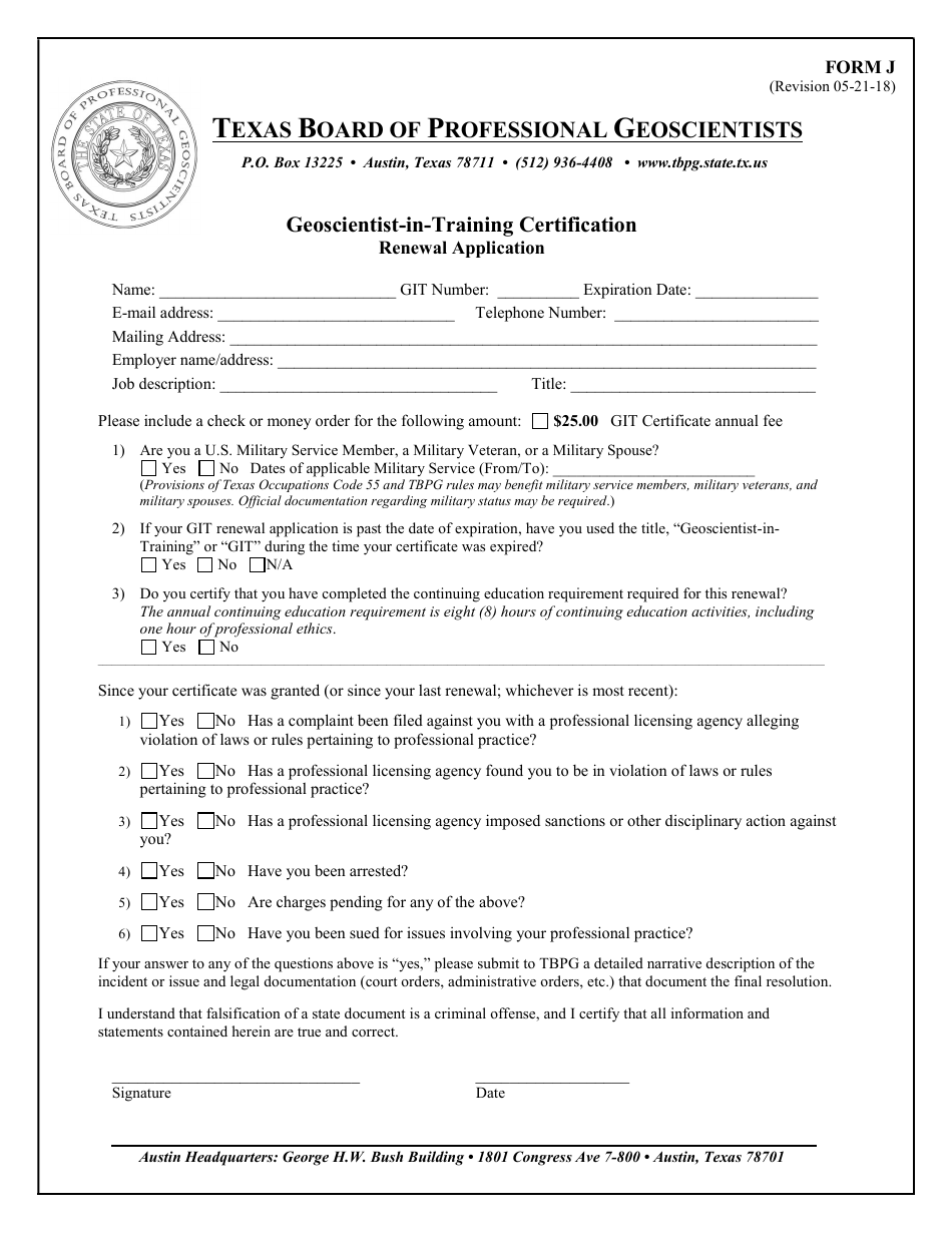 Form J Geoscientist-In-training Certification Renewal Application - Texas, Page 1