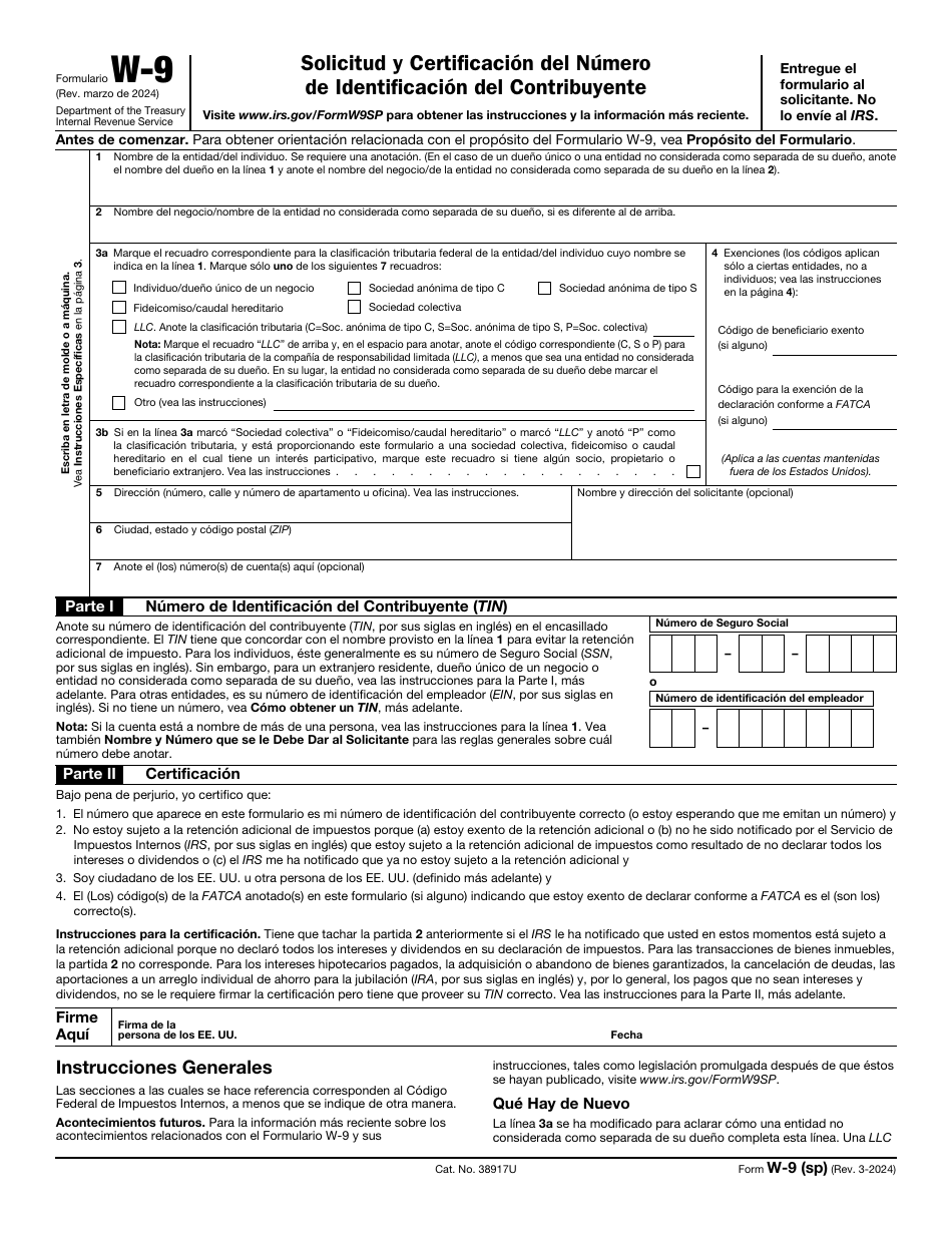 IRS Formulario W-9 (SP) Solicitud Y Certificacion Del Numero De Identificacion Del Contribuyente (Spanish), Page 1