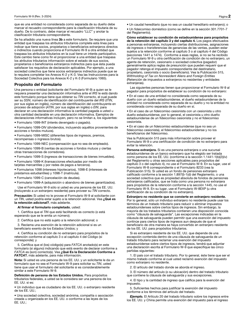 IRS Formulario W-9 (SP) Solicitud Y Certificacion Del Numero De Identificacion Del Contribuyente (Spanish), Page 2