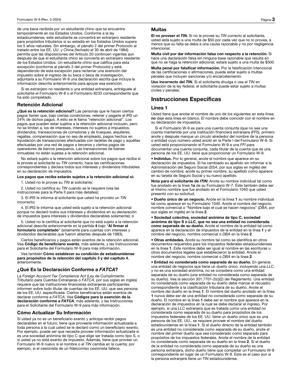 IRS Formulario W-9 (SP) Solicitud Y Certificacion Del Numero De Identificacion Del Contribuyente (Spanish), Page 3