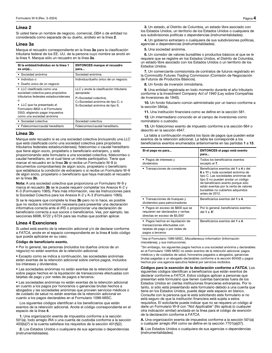 IRS Formulario W-9 (SP) Solicitud Y Certificacion Del Numero De Identificacion Del Contribuyente (Spanish), Page 4