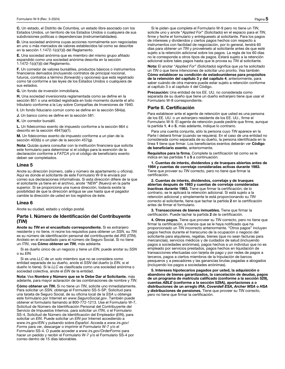 IRS Formulario W-9 (SP) Solicitud Y Certificacion Del Numero De Identificacion Del Contribuyente (Spanish), Page 5