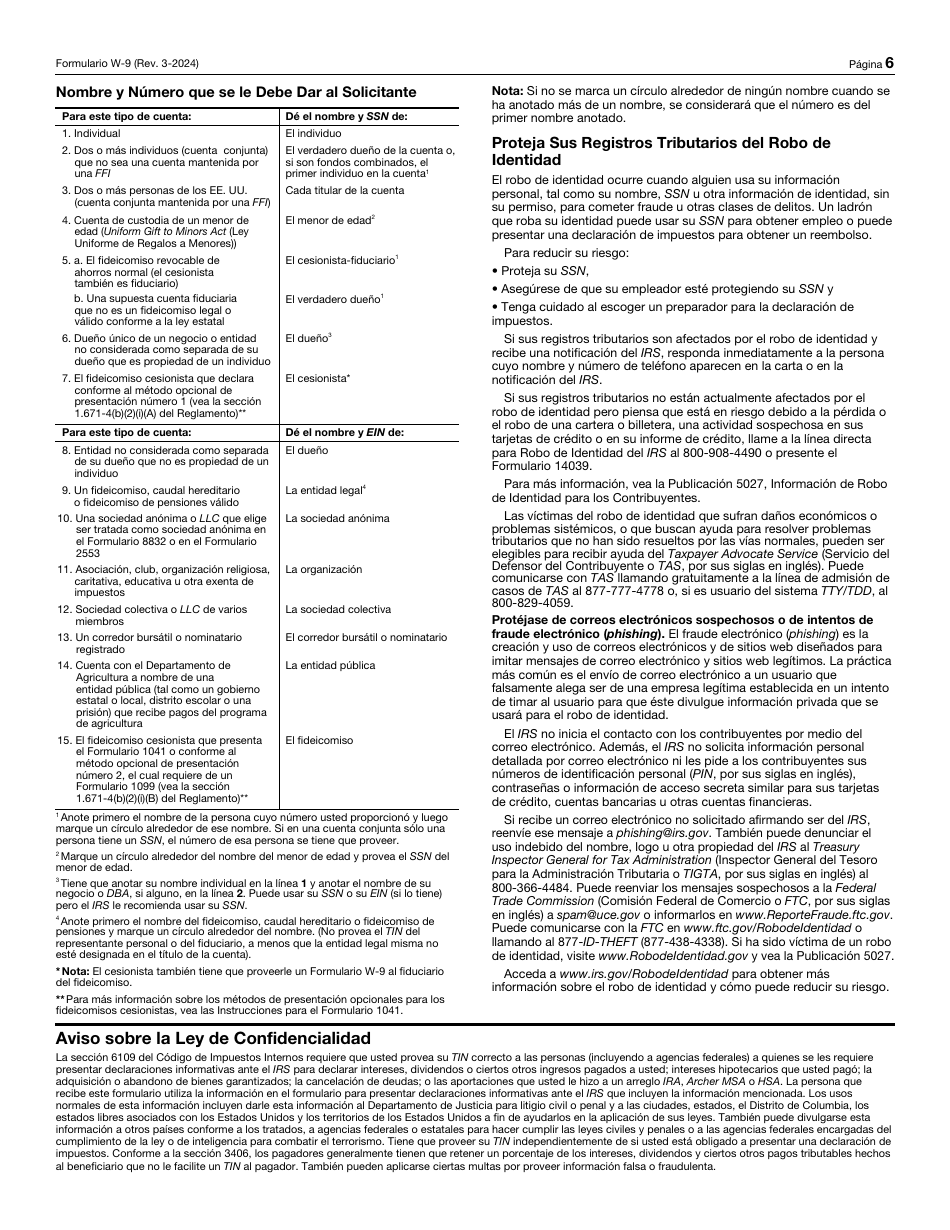 IRS Formulario W-9 (SP) Solicitud Y Certificacion Del Numero De Identificacion Del Contribuyente (Spanish), Page 6