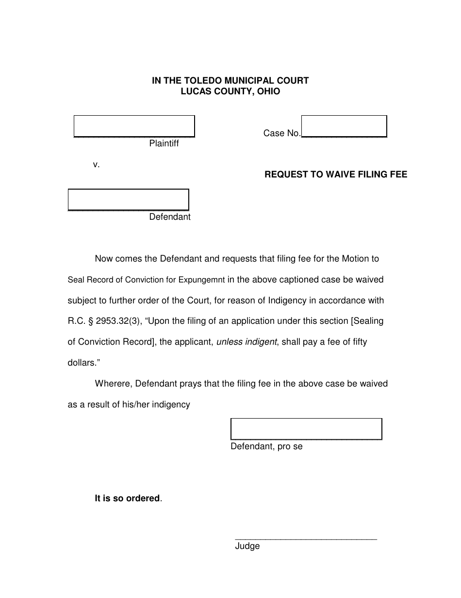 Request to Waive Filing Fee - City of Toledo, Ohio, Page 1