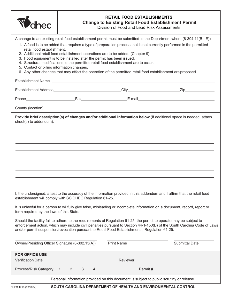 DHEC Form 1716 Change to Existing Retail Food Establishment Permit - South Carolina, Page 1