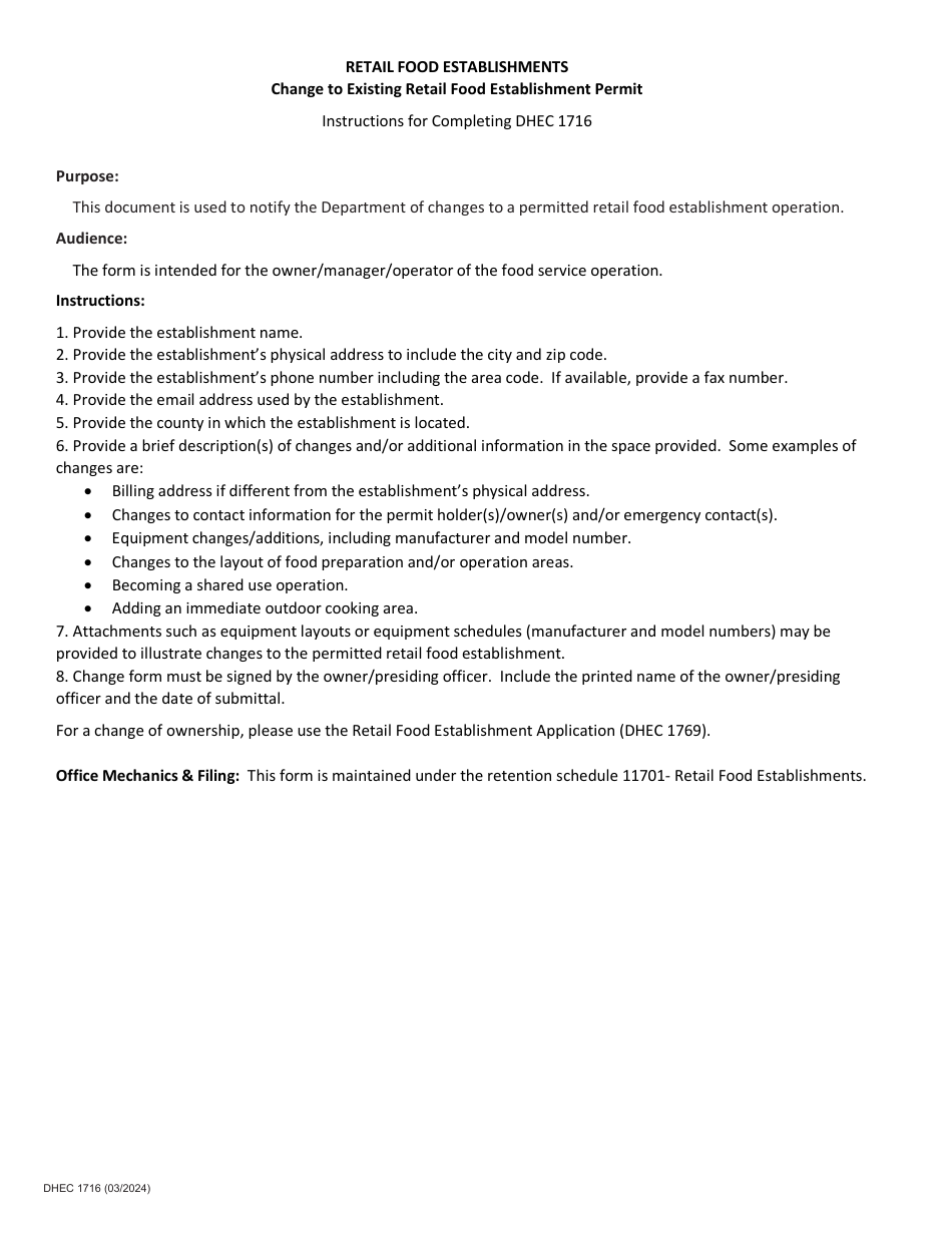 DHEC Form 1716 Change to Existing Retail Food Establishment Permit - South Carolina, Page 2