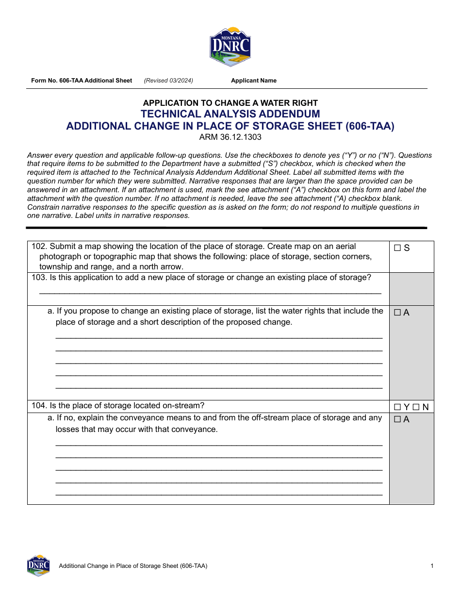Form 606-TAA Application to Change a Water Right - Additional Change in Place of Storage Sheet - Montana, Page 1