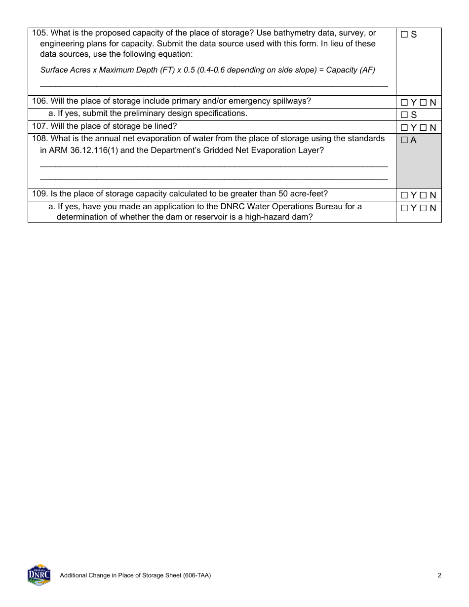 Form 606-TAA Application to Change a Water Right - Additional Change in Place of Storage Sheet - Montana, Page 2