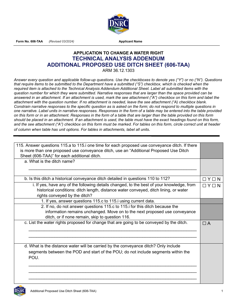 Form 606-TAA Application to Change a Water Right - Additional Proposed Use Ditch Sheet - Montana, Page 1