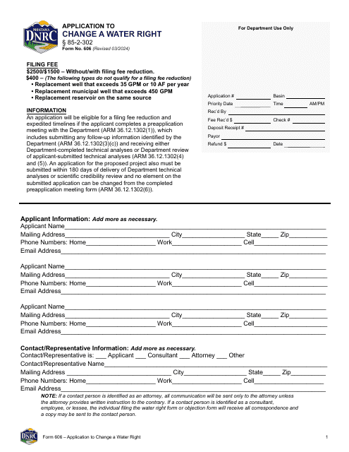 Form 606 Application to Change a Water Right - Montana