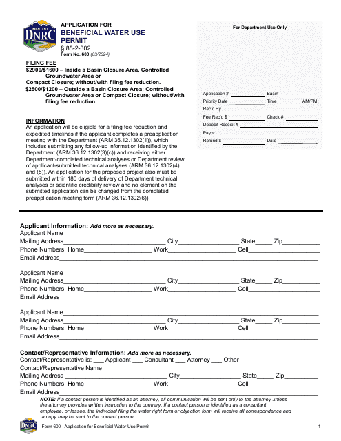Form 600 Application for Beneficial Water Use Permit - Montana
