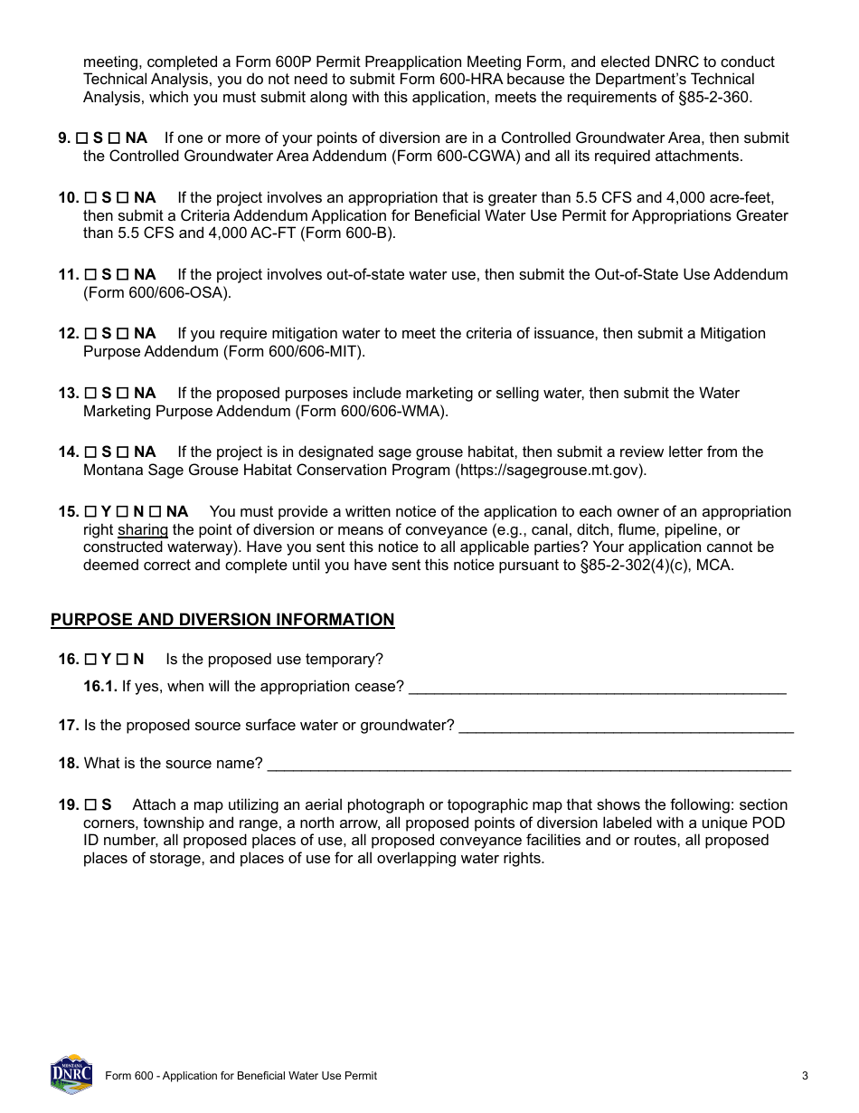 Form 600 Application for Beneficial Water Use Permit - Montana, Page 3