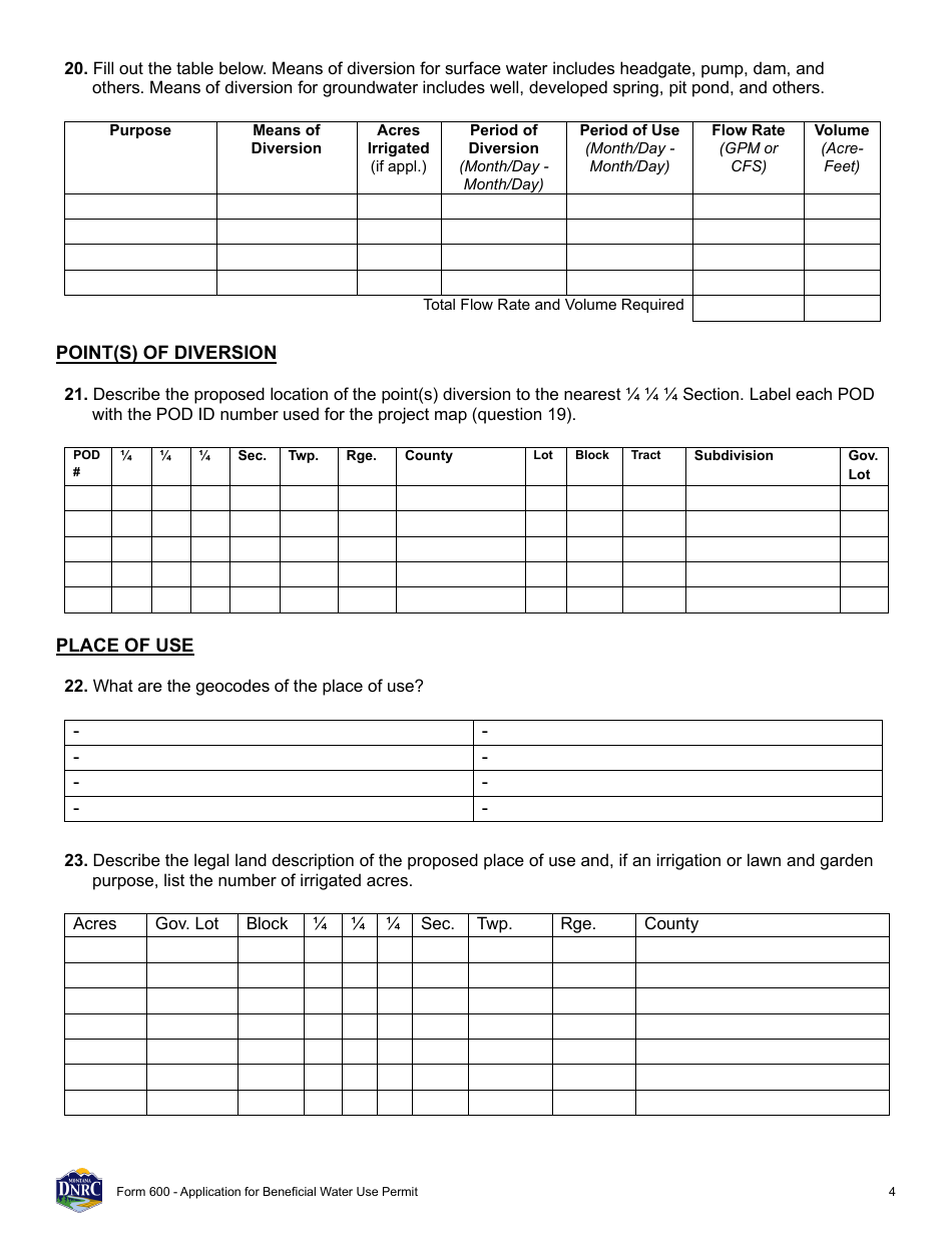 Form 600 Application for Beneficial Water Use Permit - Montana, Page 4