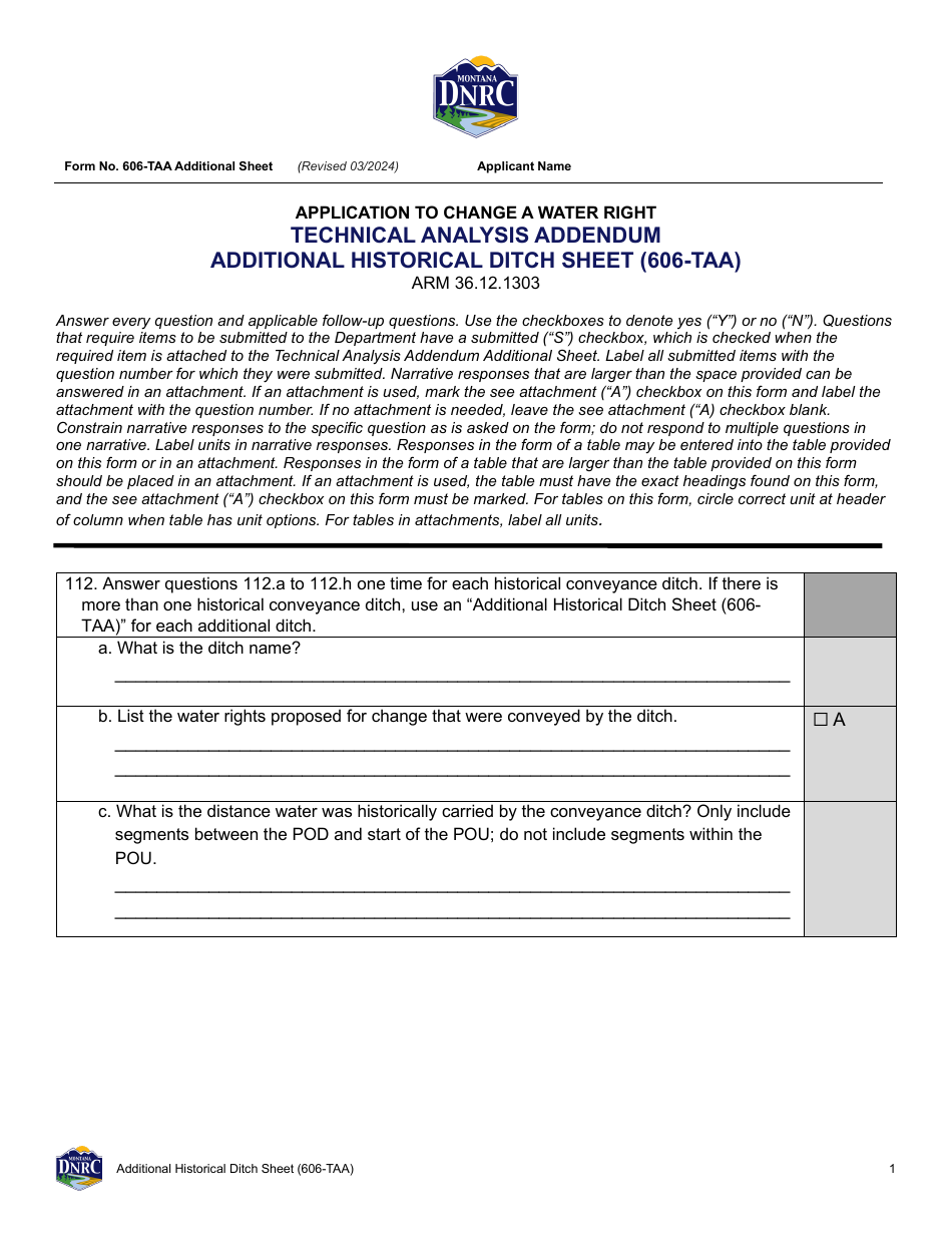 Form 606-TAA Application to Change a Water Right - Additional Historical Ditch Sheet - Montana, Page 1