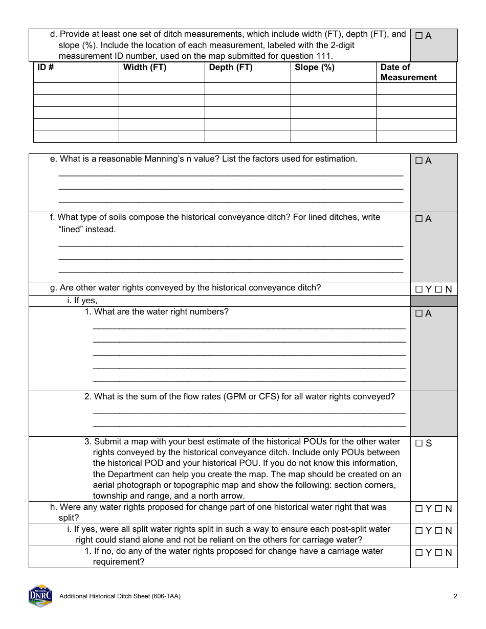 Form 606-TAA Application to Change a Water Right - Additional Historical Ditch Sheet - Montana, Page 2