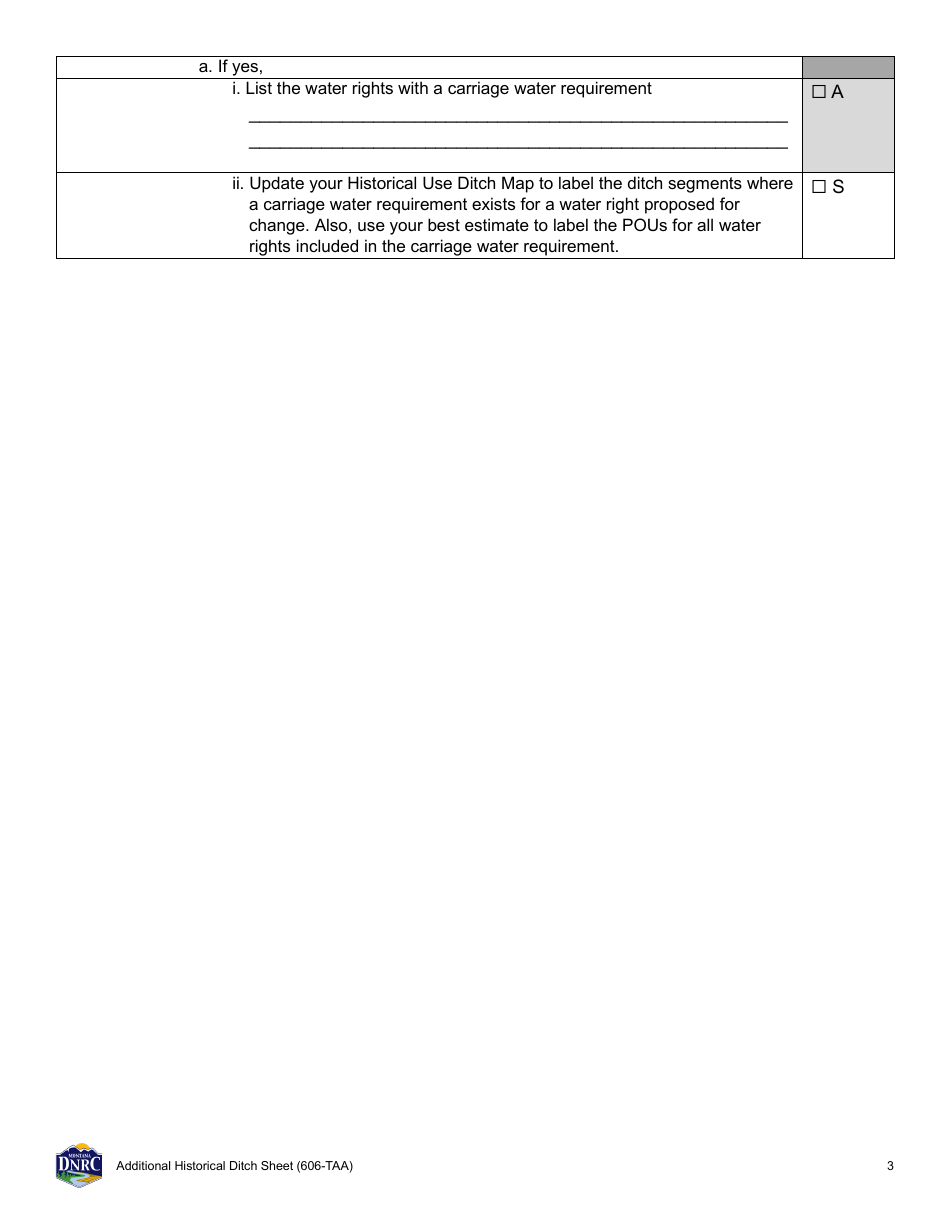 Form 606-TAA Application to Change a Water Right - Additional Historical Ditch Sheet - Montana, Page 3