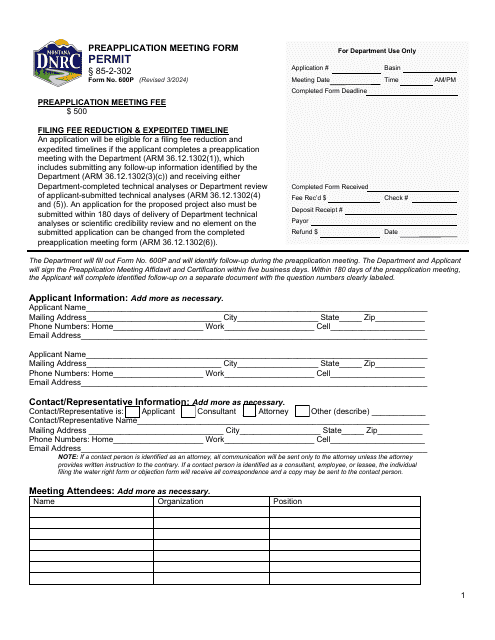 Form 600P Permit Preapplication Meeting Form - Montana