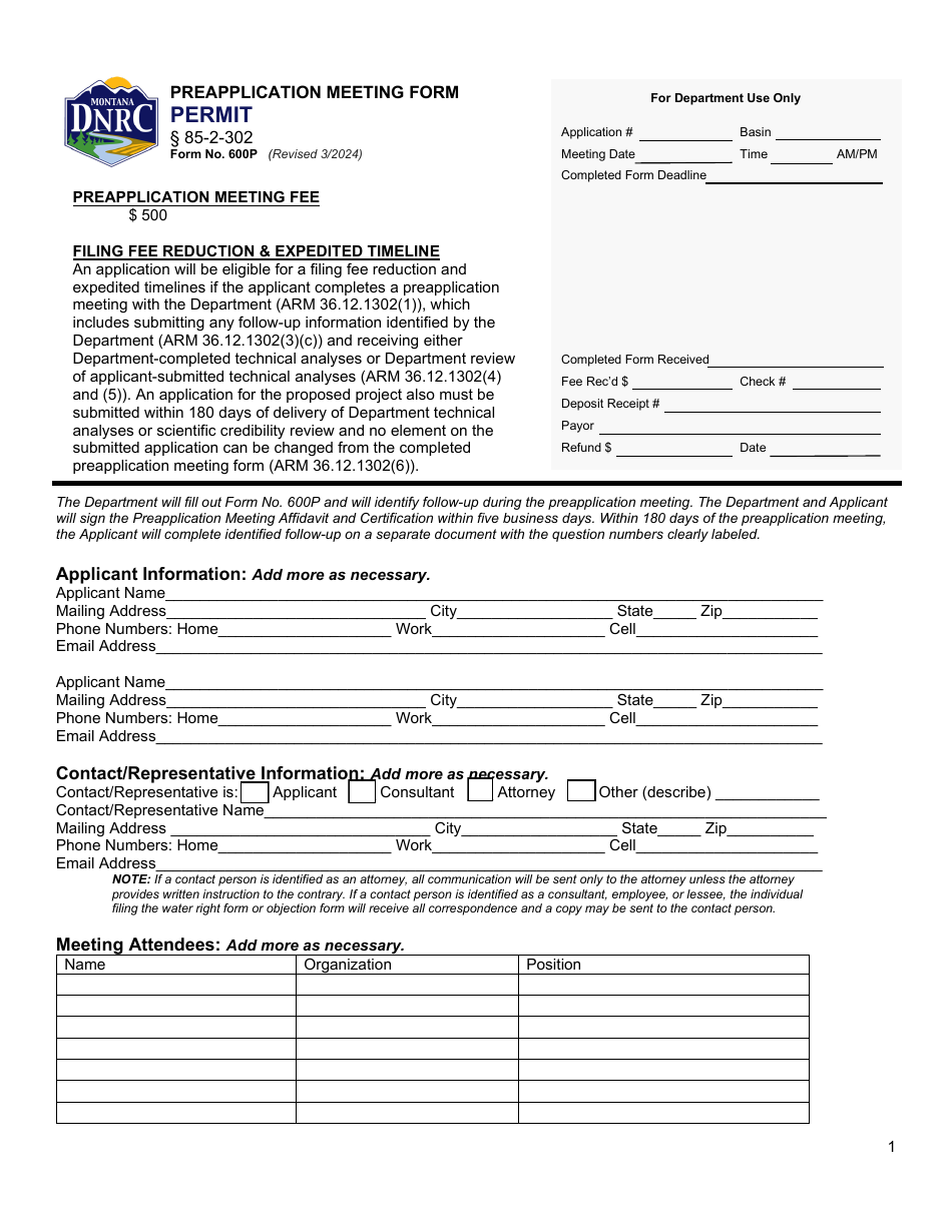 Form 600P Permit Preapplication Meeting Form - Montana, Page 1