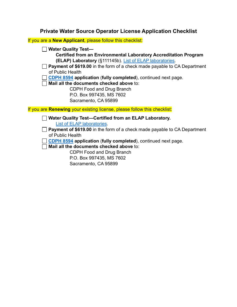 Form CDPH8594 Private Water Source Operator License Application - California, Page 1