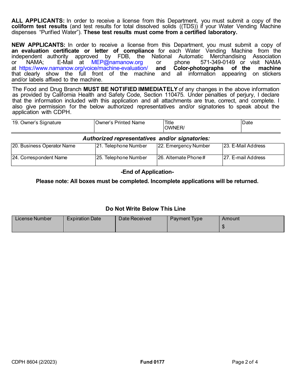Form CDPH8604 Water Vending Machine Operator License Application - California, Page 3