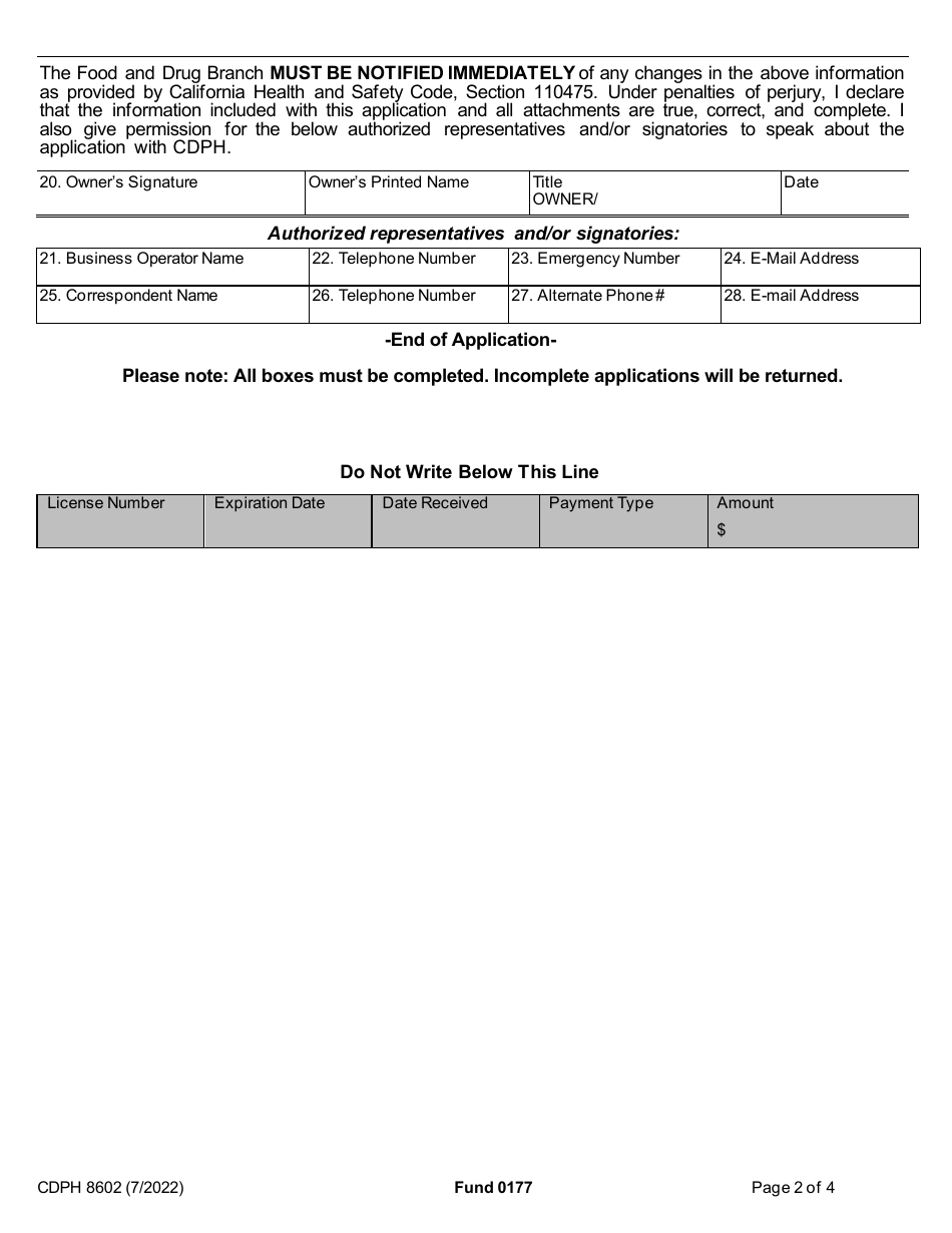 Form CDPH8602 Retail Water Facility License Application - California, Page 3