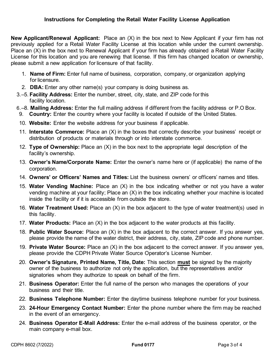 Form CDPH8602 Retail Water Facility License Application - California, Page 4