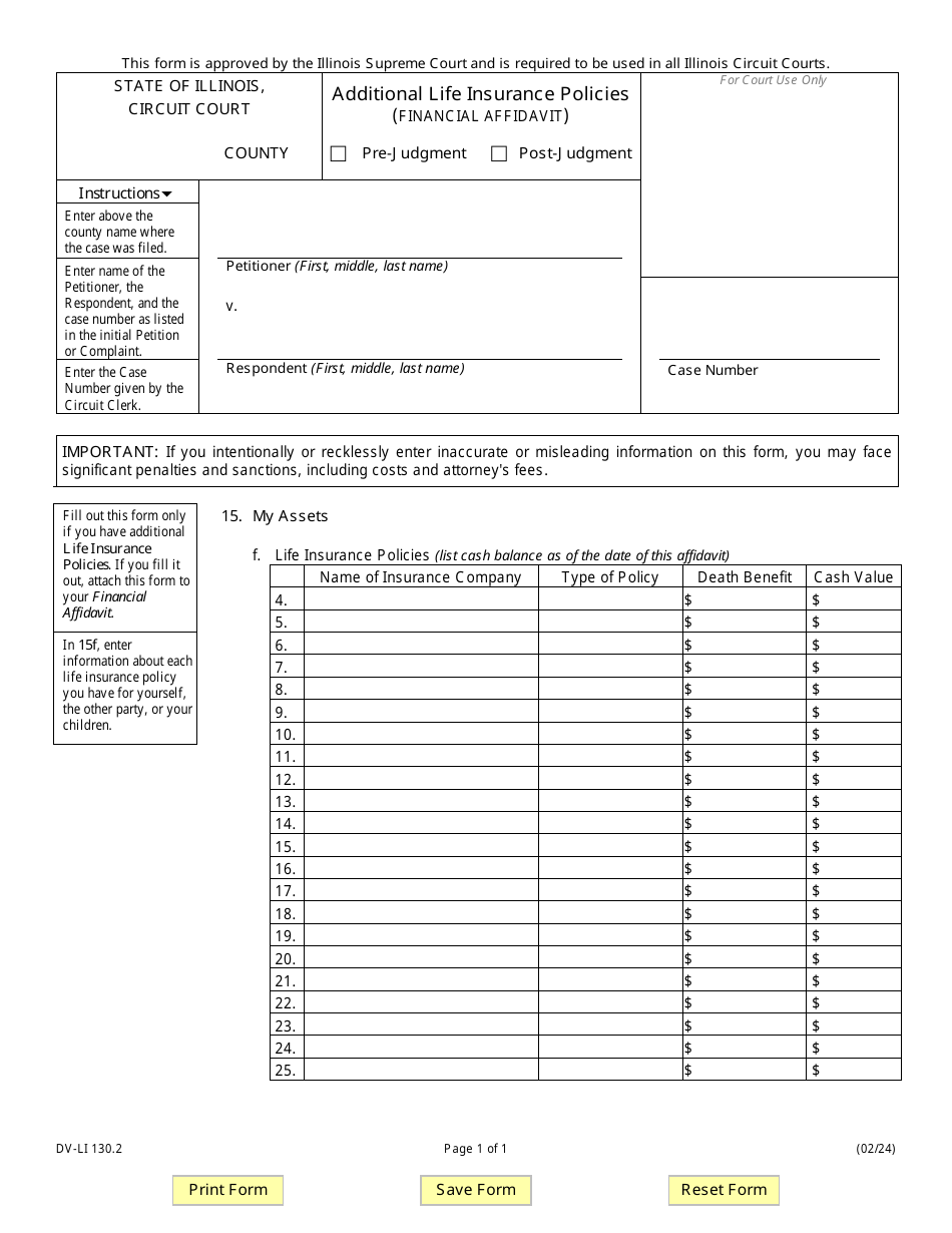Form DV-LI130.2 Additional Life Insurance Policies (Financial Affidavit) - Illinois, Page 1