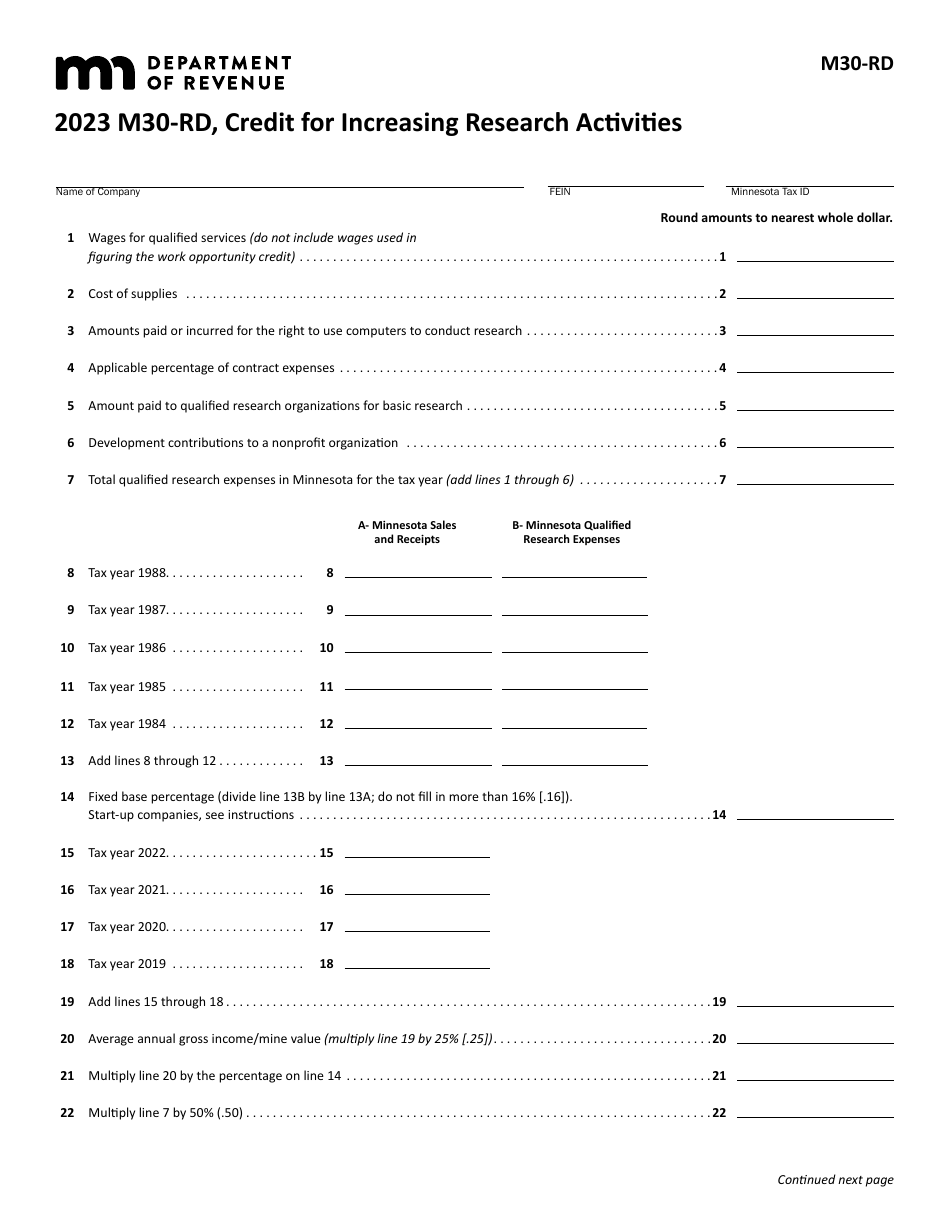 Form M30-RD Credit for Increasing Research Activities - Minnesota, Page 1