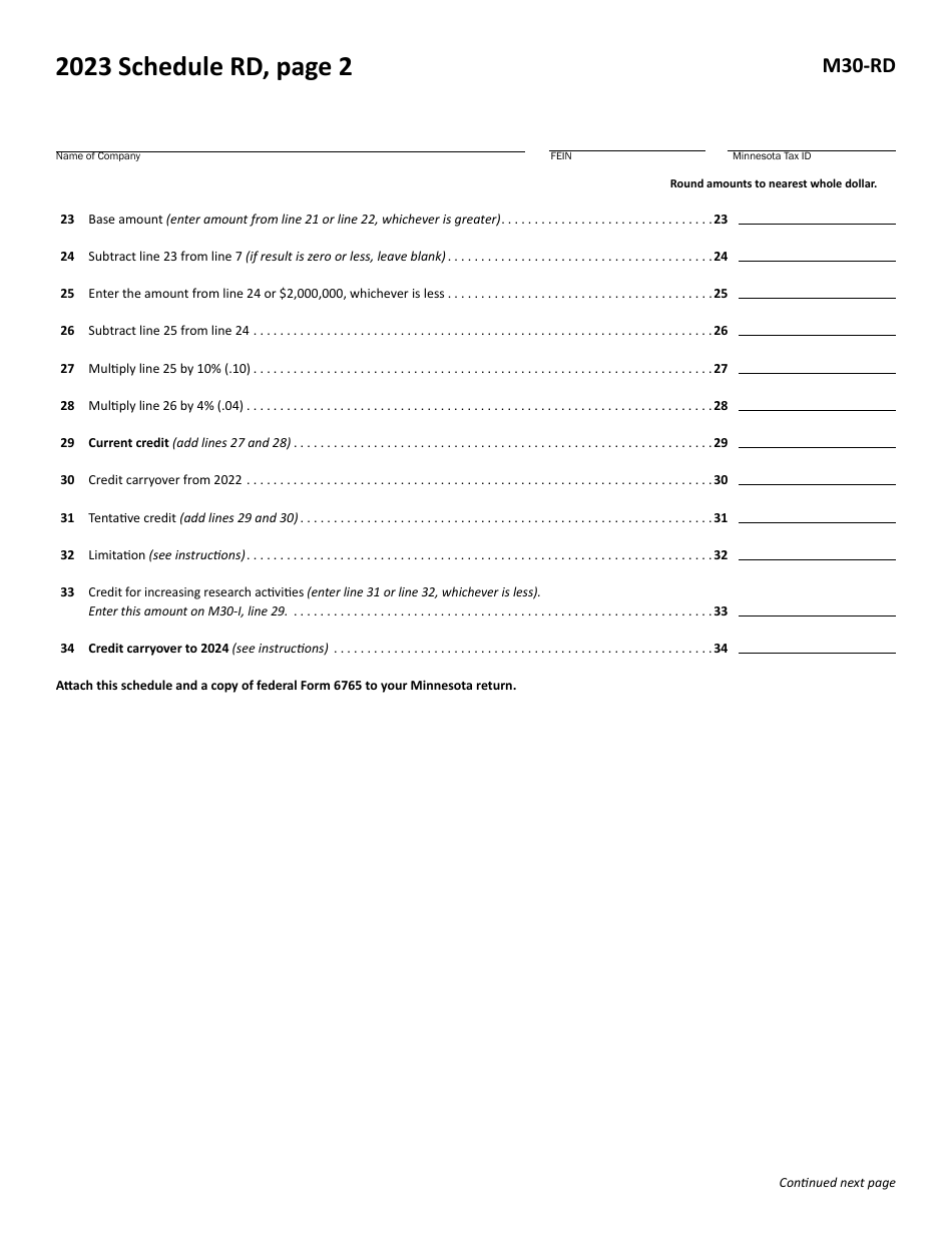 Form M30-RD Credit for Increasing Research Activities - Minnesota, Page 2