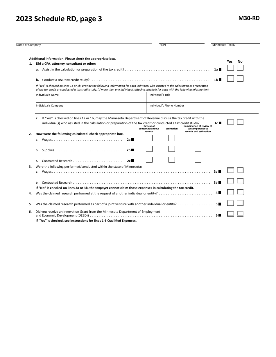 Form M30-RD Credit for Increasing Research Activities - Minnesota, Page 3