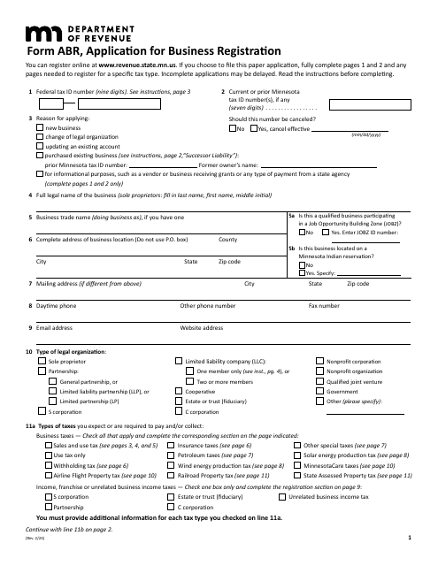 Form ABR Application for Business Registration - Minnesota