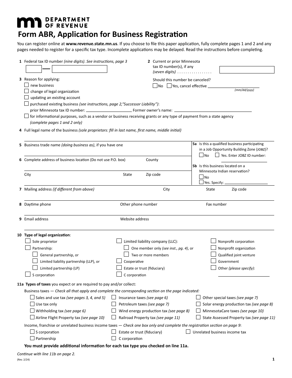 Form ABR Application for Business Registration - Minnesota, Page 1