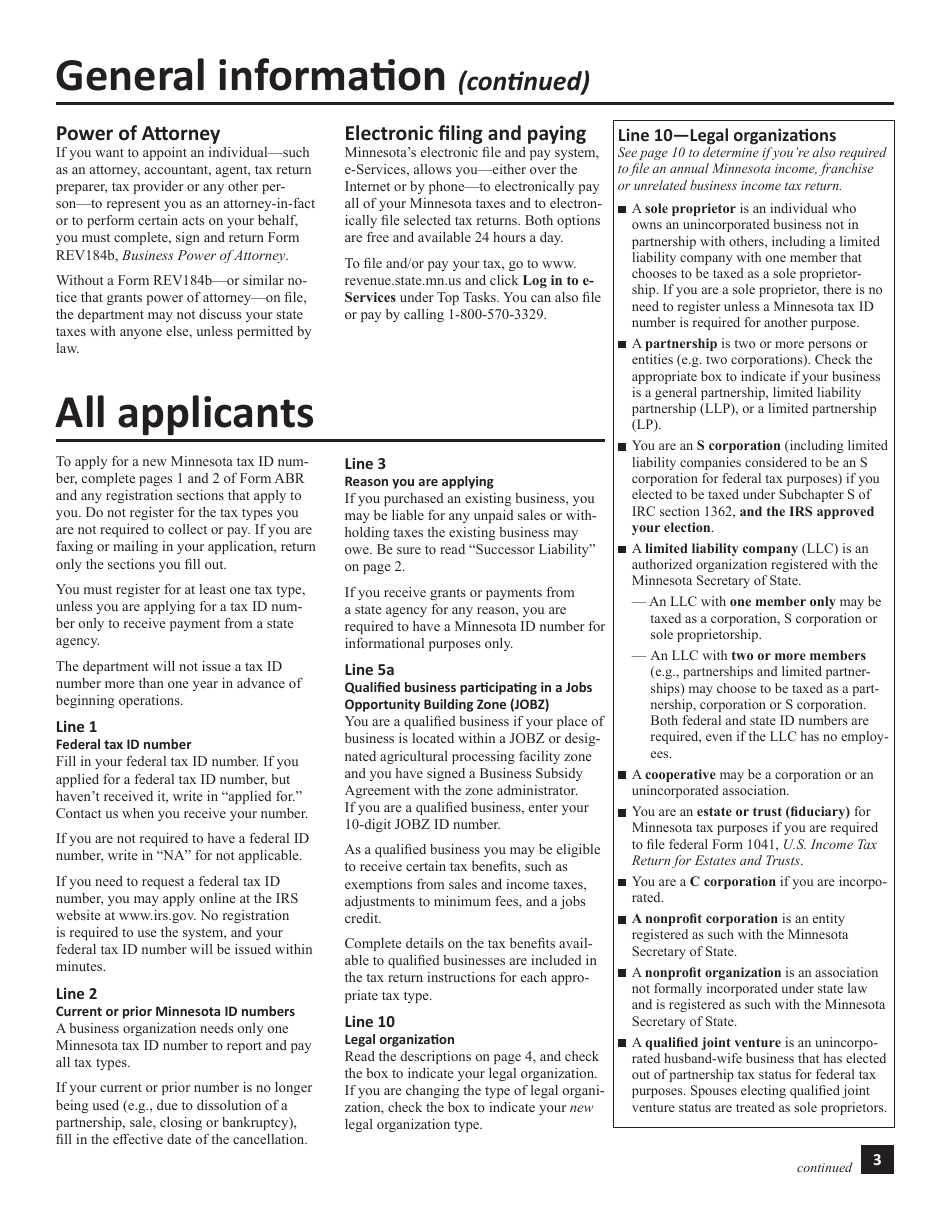 Instructions for Form ABR Application for Business Registration - Minnesota, Page 3