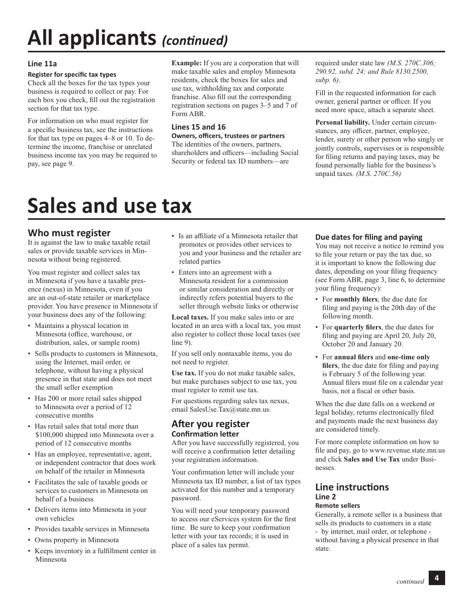 Instructions for Form ABR Application for Business Registration - Minnesota, Page 4