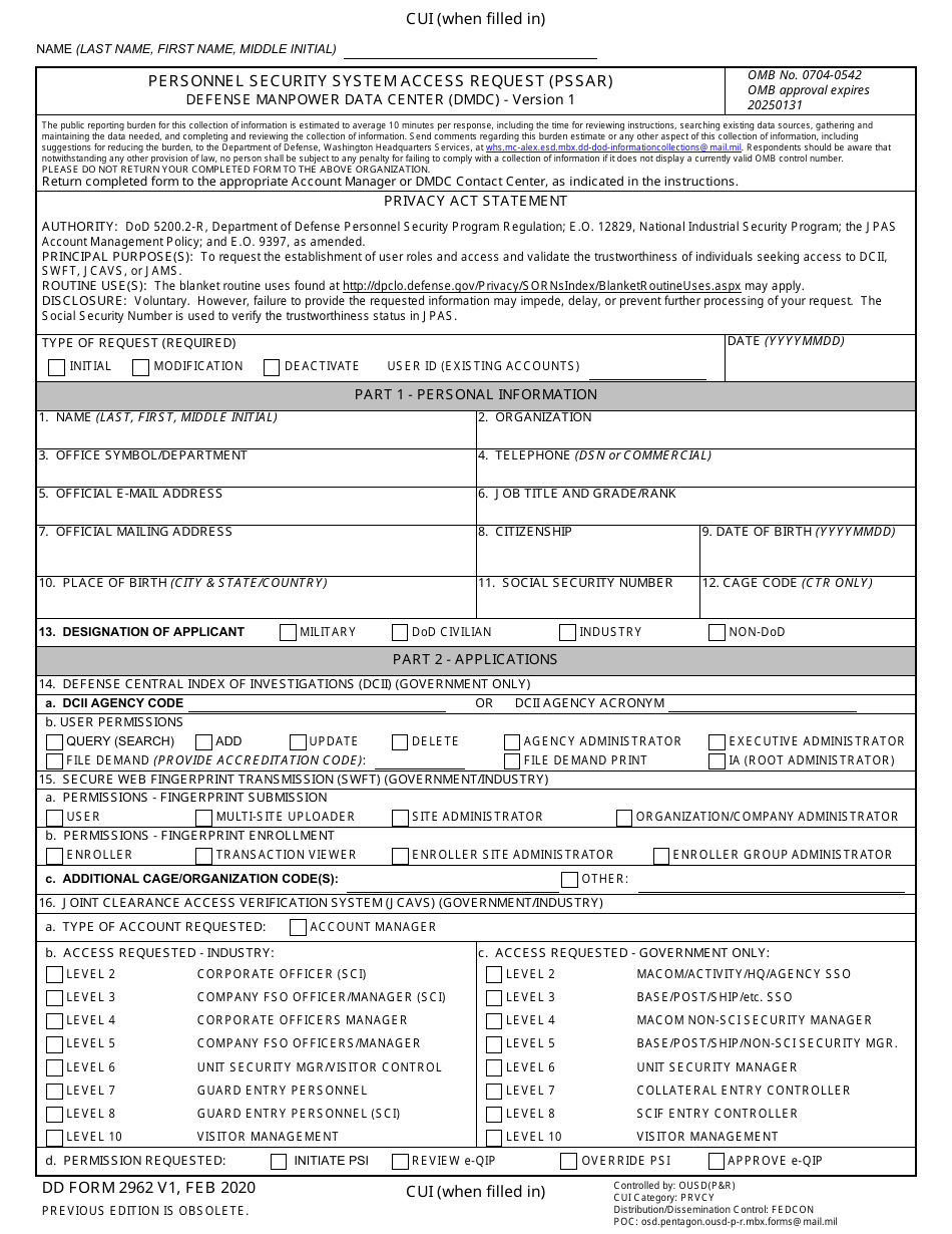 DD Form 2962 V1 Personnel Security System Access Request (Pssar) Defense Manpower Data Center (Dmdc) - Version 1, Page 1