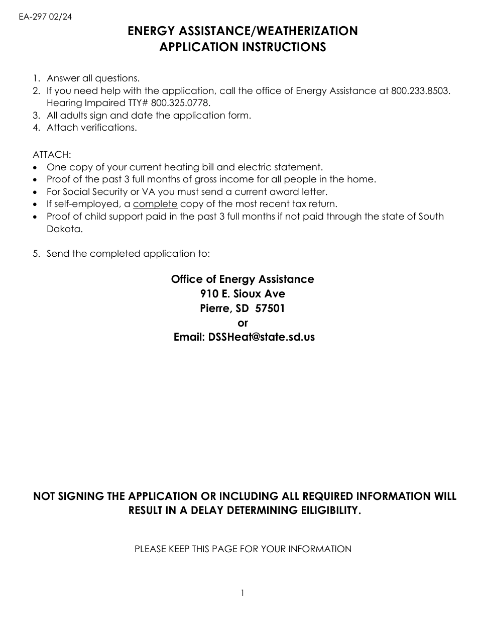 Form EA-297 Application for Energy Assistance - South Dakota, Page 1